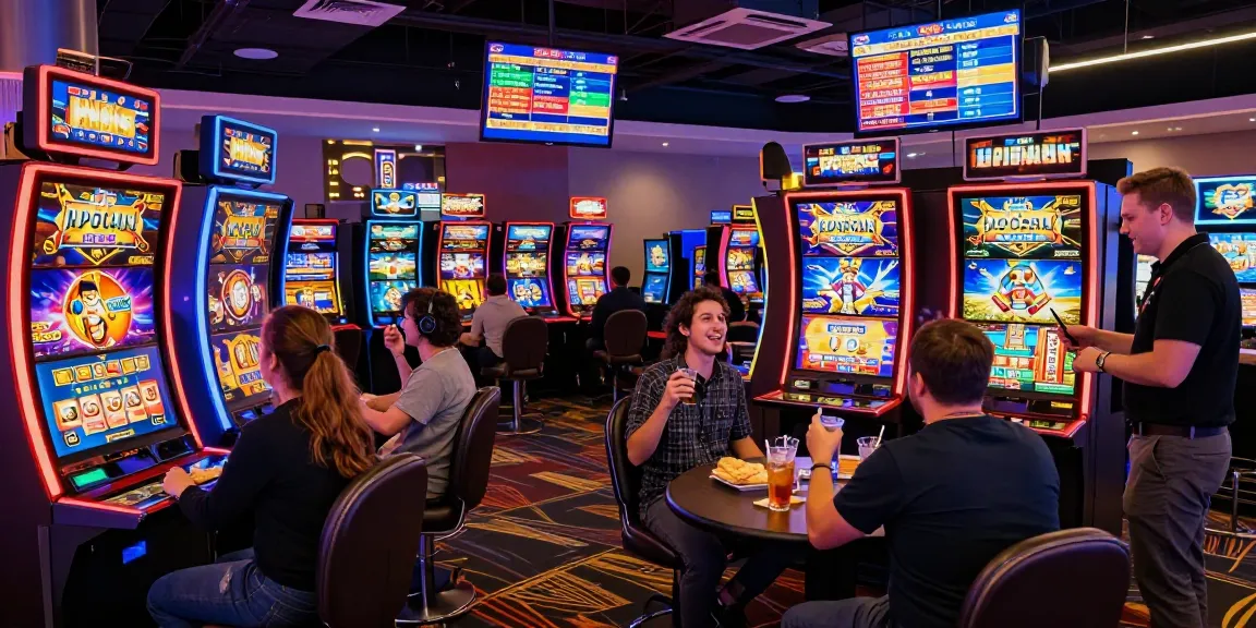 MPOCASH slot players celebrating wins in a vibrant, modern casino environment.
