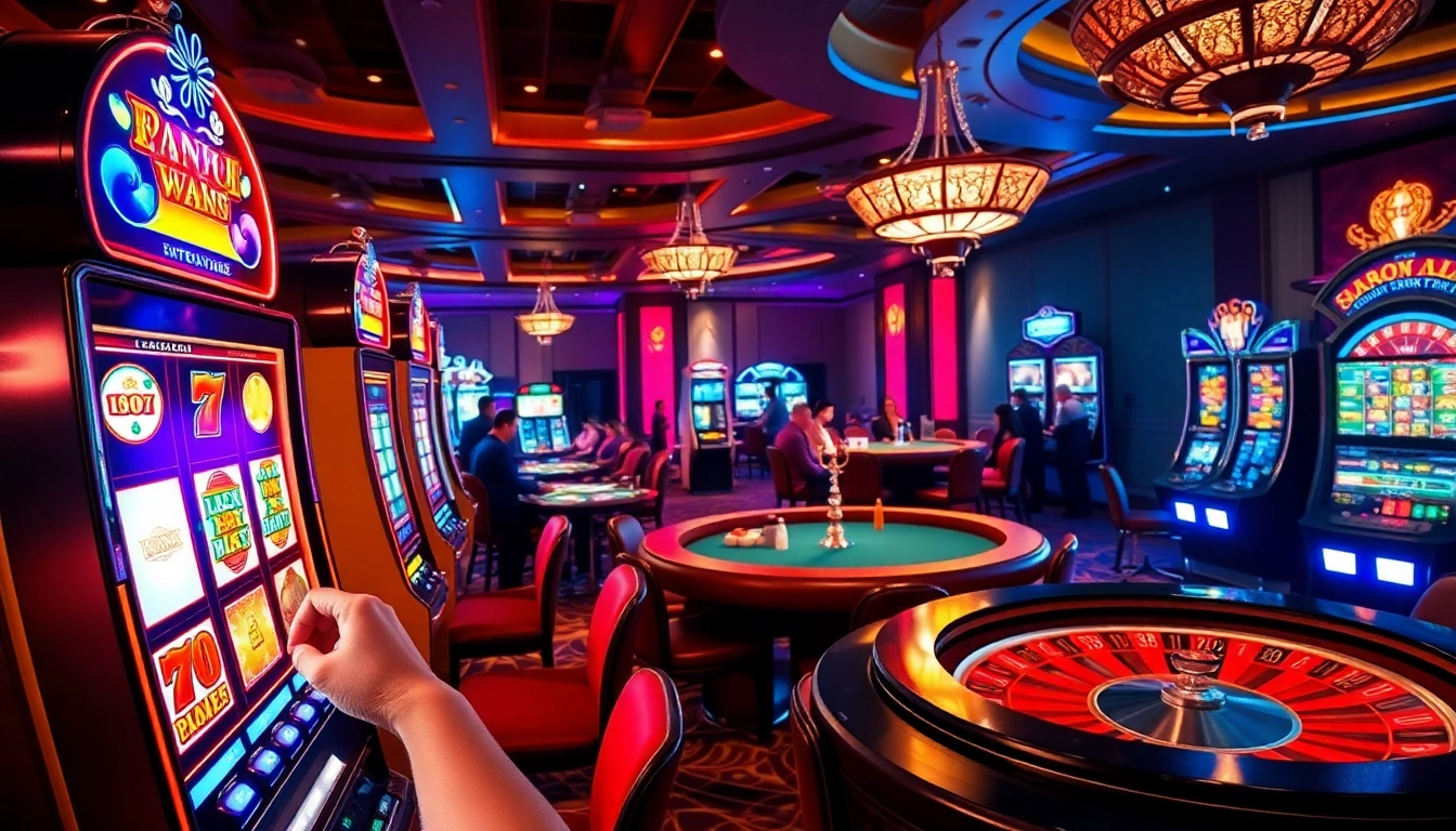 An engaging scene of players enjoying a situs slot online with colorful slot machines, creating excitement and anticipation.