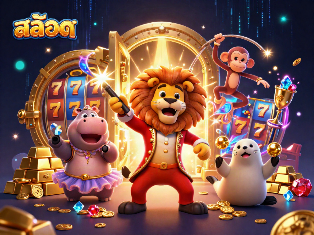 Engaging slots scene with cartoon characters highlighting สล็อต elements and a vibrant jackpot experience.