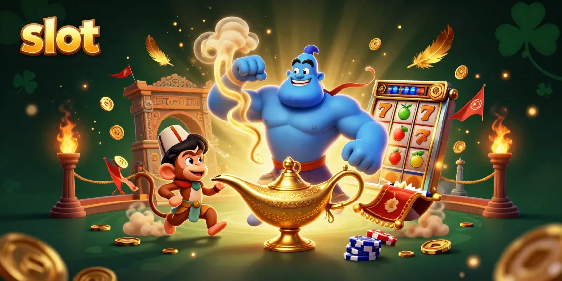 Experience thrilling slot excitement with a genie, monkey, and vibrant casino elements