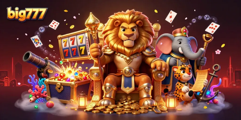 Spin to win with the big777 casino scene featuring a lion king, wise elephant, and swift cheetah amidst vibrant slots.
