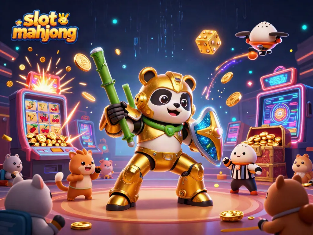 Experience the excitement of slot mahjong with a dynamic 3D casino scene featuring vibrant characters and gaming elements.