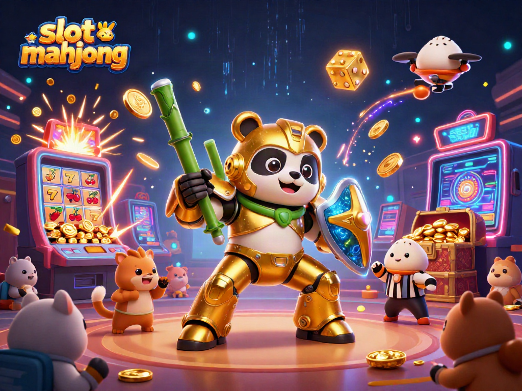 Experience the excitement of slot mahjong with a dynamic 3D casino scene featuring vibrant characters and gaming elements.