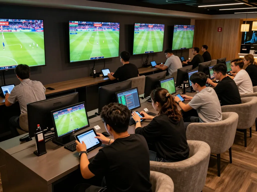 Engaged bettors using ca khia for live soccer betting in a vibrant sports lounge