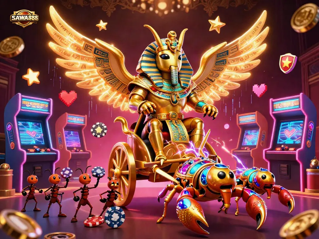 Engage with SAWA888's vibrant casino adventure featuring a golden scarab beetle and scorpions.