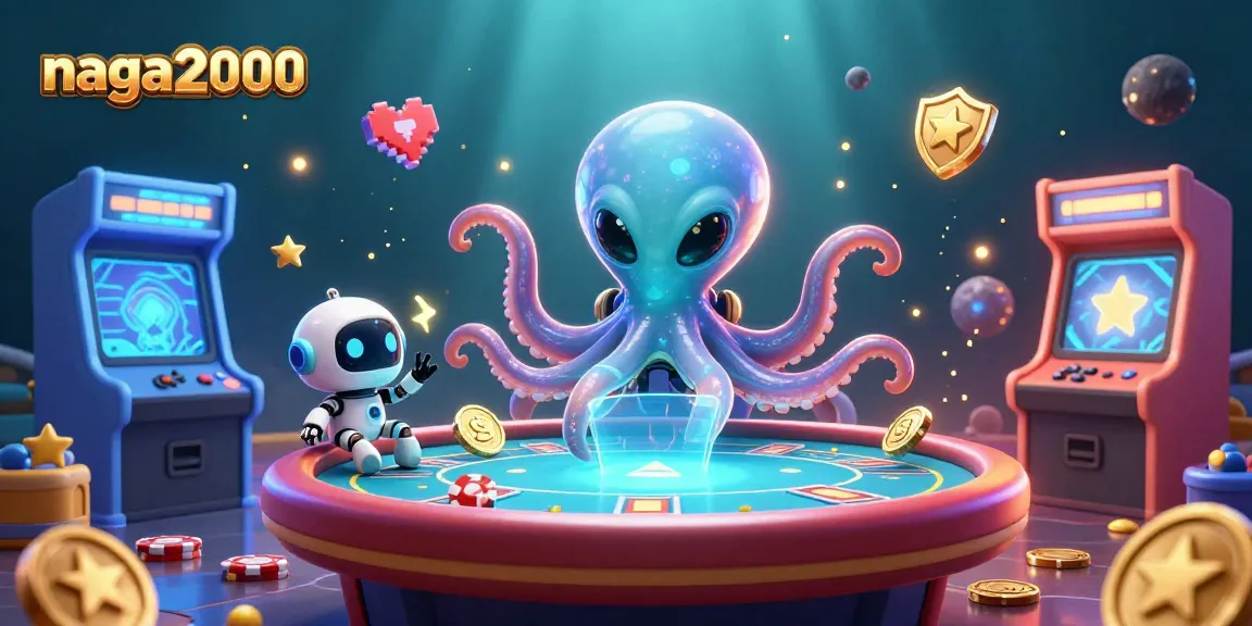 Memainkan slot di naga2000 dengan simbol jackpot berterbangan di sekitar karakter alien dan robot yang menggembirakan.