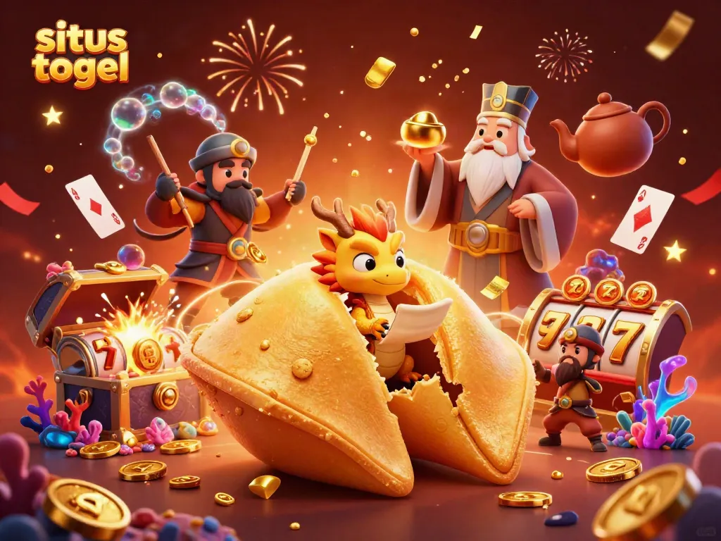 Situs togel vibrant casino scene featuring a giant golden fortune cookie and dragon amongst gaming elements.