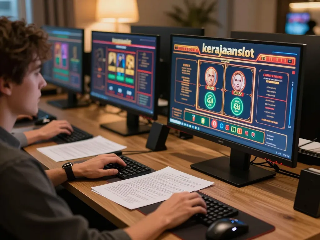 Engaging in "kerajaanslot" gameplay at a modern online gaming setup with strategic notes and monitors.