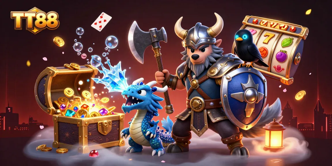 Engage with TT88's thrilling casino adventure featuring a Viking warrior and magical creatures amidst riches.