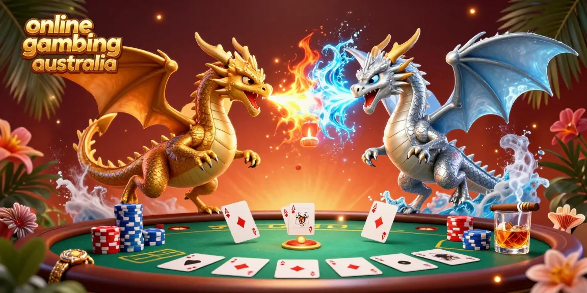 Experience online gambling australia with dynamic poker action, featuring fiery dragons and colorful chips.