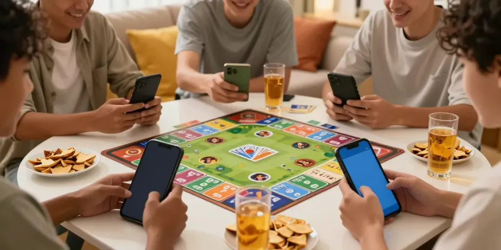 Rumble Rummy players enjoying a lively gaming session on smartphones in a cozy home.