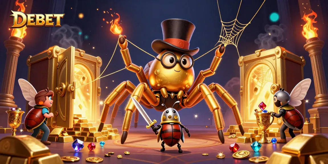 DEBET showcases a thrilling fantasy scene of a golden tarantula and a knight in a casino realm.