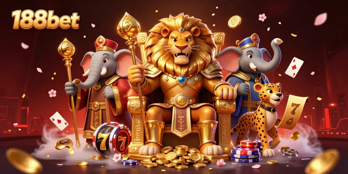 Interact with 188bet’s vibrant casino scene featuring a lion king, elephant, and cheetah among slot machines.