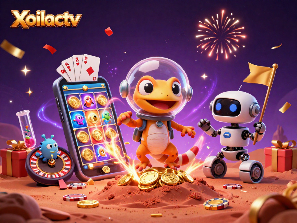 Xoilactv captures a Martian gecko and robot in a golden casino scene, celebrating with confetti.