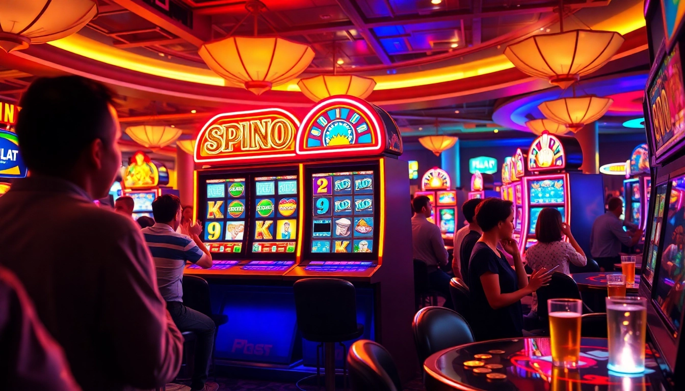Slot Game dengan mesin cerah menggoda di kasino yang ramai, menunjukkan kegembiraan para pemain.