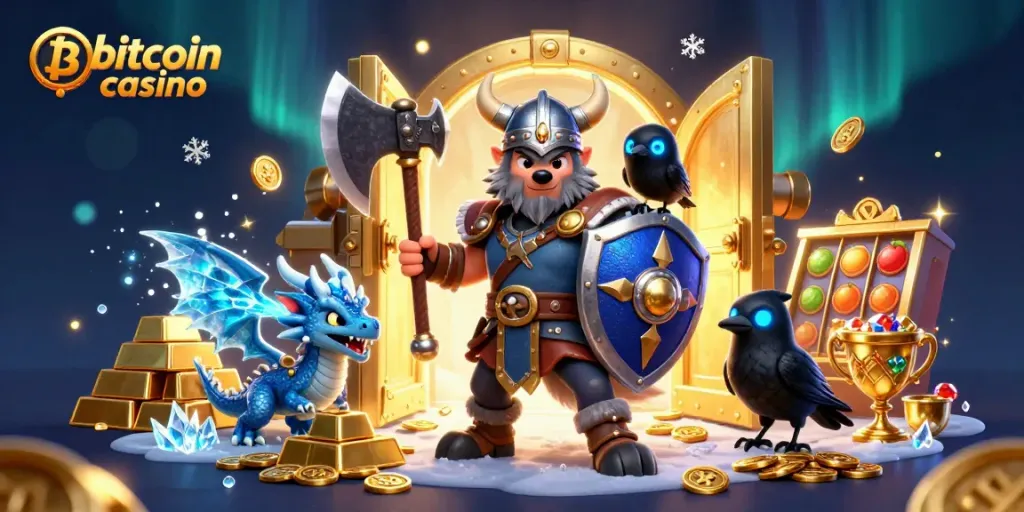 Experience thrilling gameplay at a bitcoin casino with vibrant characters amid treasures.