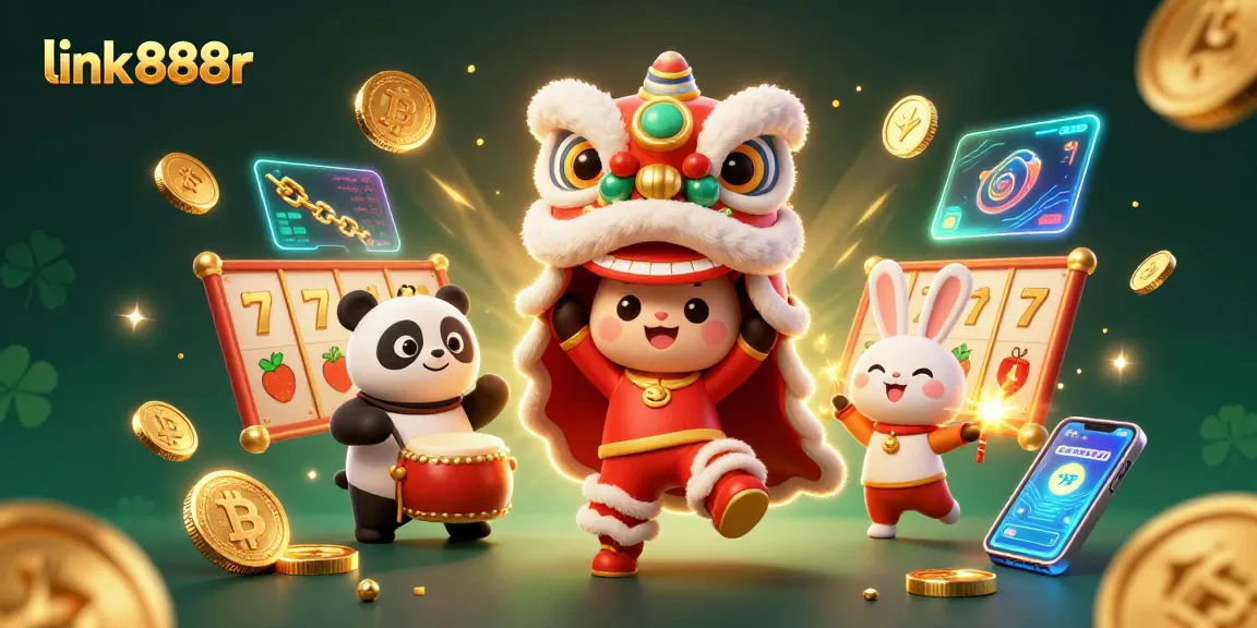 Link 888r showcases a vibrant casino scene filled with slot reels and crypto coins.