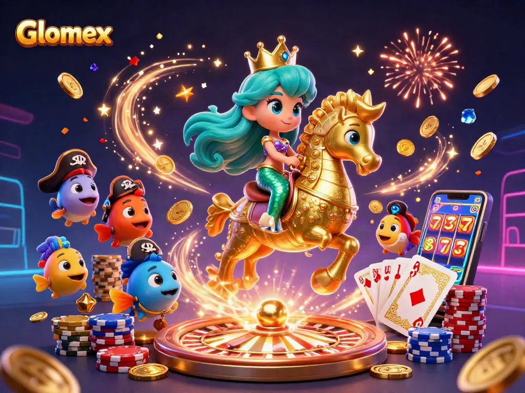 A dynamic scene showcasing Glomex marine-themed characters celebrating with casino elements like coins, roulette, and poker.