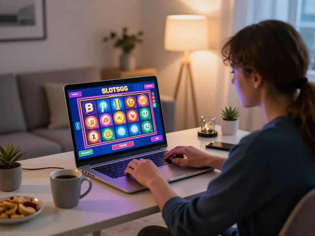 Engaging SlotsGG gameplay on a laptop in a cozy living room setting