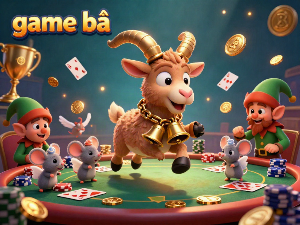 Engaging game bài scene showcasing a Krampus goat and angel mouse in a dynamic online casino.