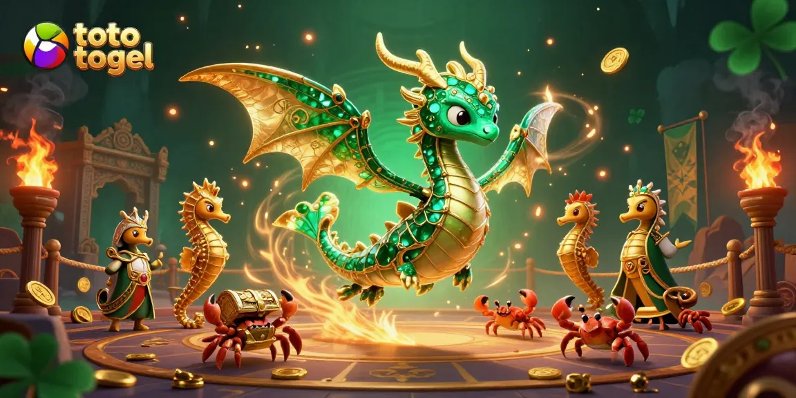 Experience thrilling gameplay with the emerald sea dragon in a dynamic toto togel scene, surrounded by treasure and excitement.