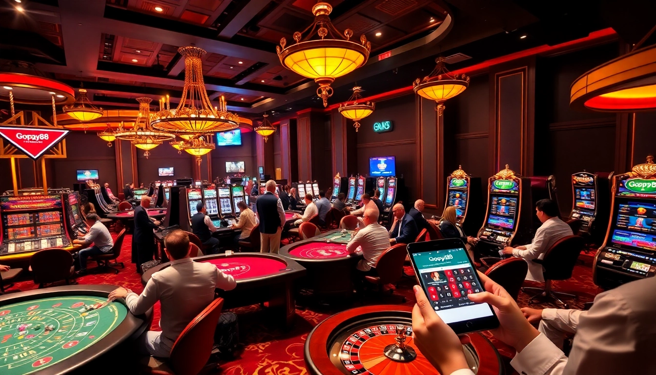 Gamblers enjoying the Gopay88 Daftar experience at vibrant casino tables with poker and slots.