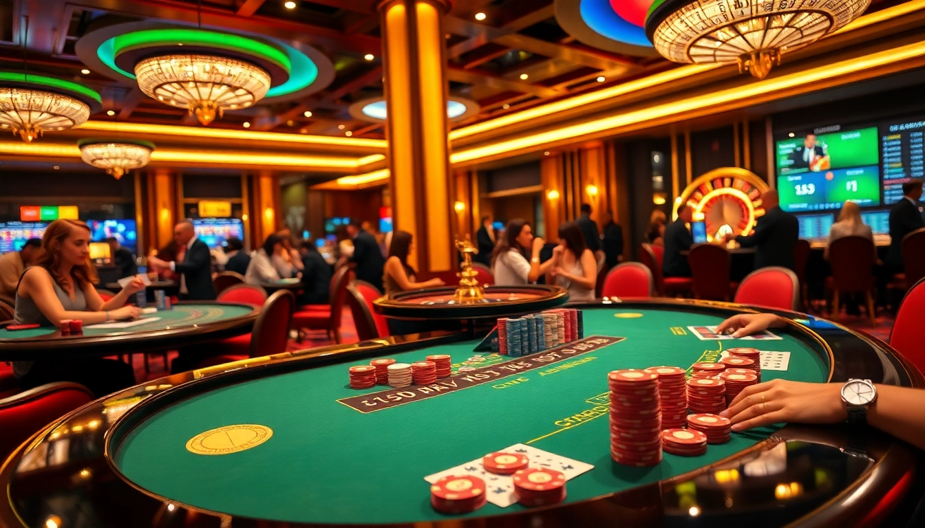 שחקנים מעורבים חווים את רמי אונליין באולם קזינו תוסס ומפואר.