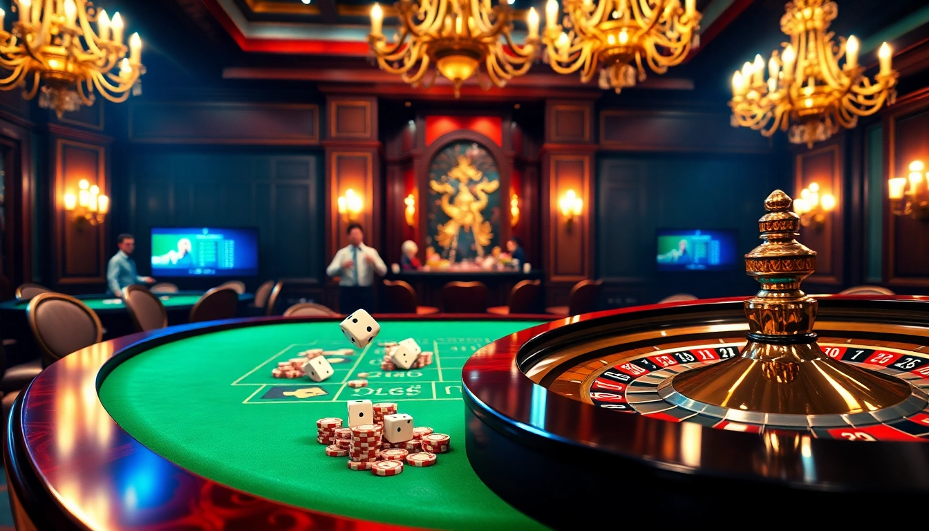 Experience the excitement of gambling at https://789club.quest/ with a luxurious casino scene showcasing rolling dice and spinning roulette.