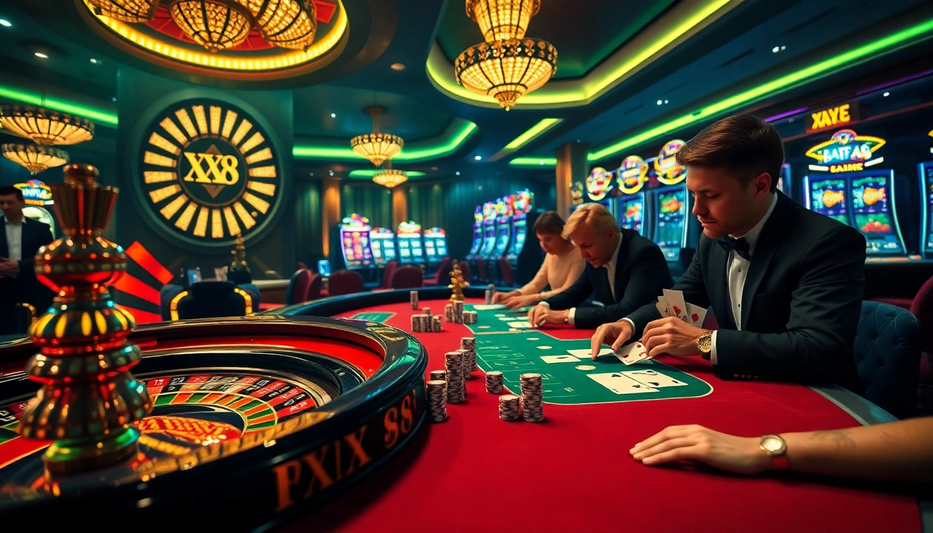 Engaged gamblers enjoying high-stakes XX 88 gaming at a luxurious casino table.