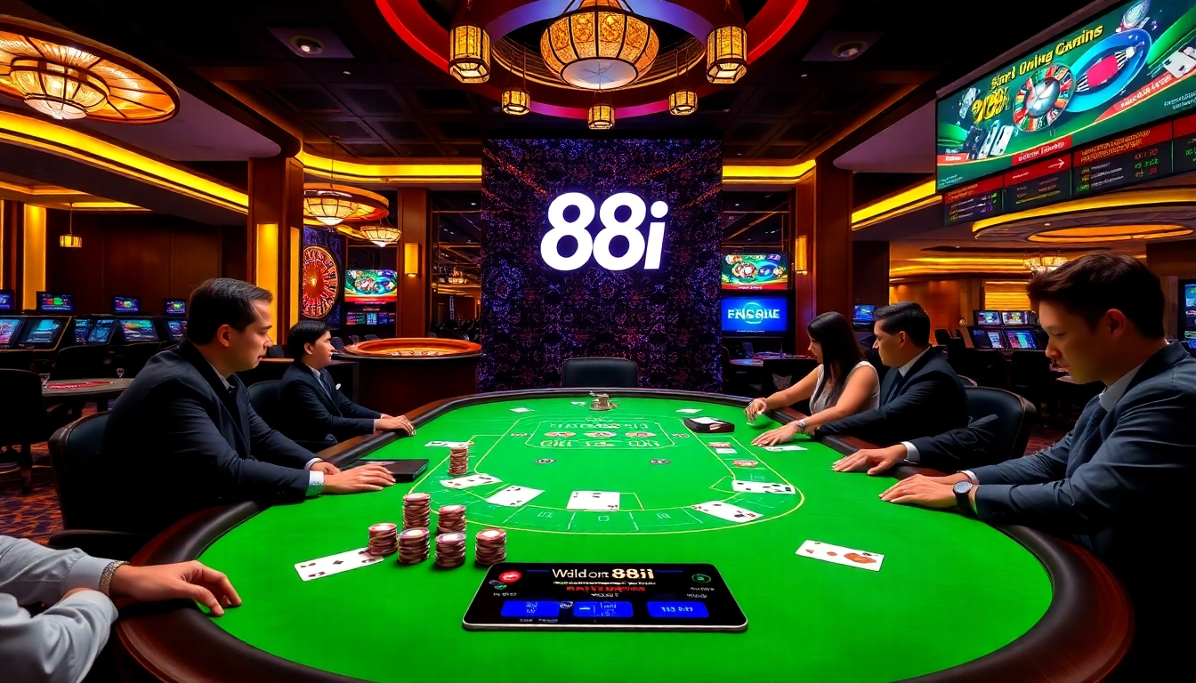 Engage in thrilling poker at 88i's luxurious casino tables with vibrant chips and cards.