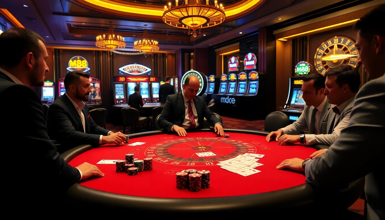 M88 casino players strategizing at a luxurious poker table amidst stunning gaming ambiance.