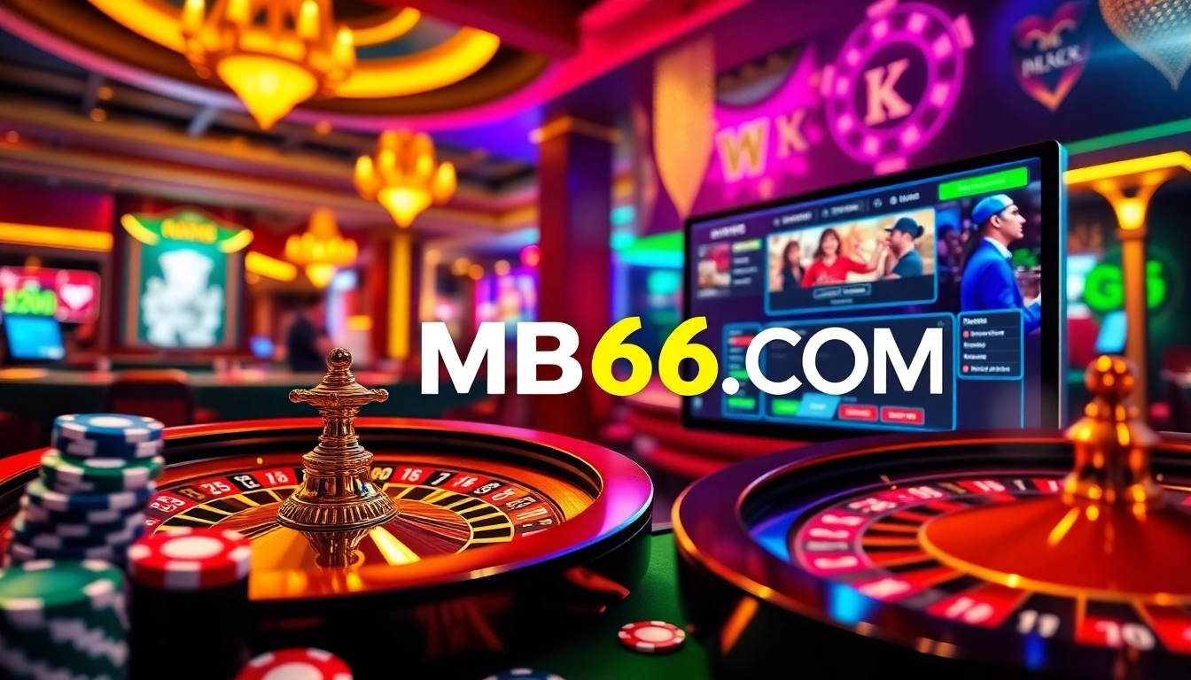 Experience the thrill of online gaming at MB66.COM with a luxurious casino atmosphere featuring poker chips and a roulette wheel.