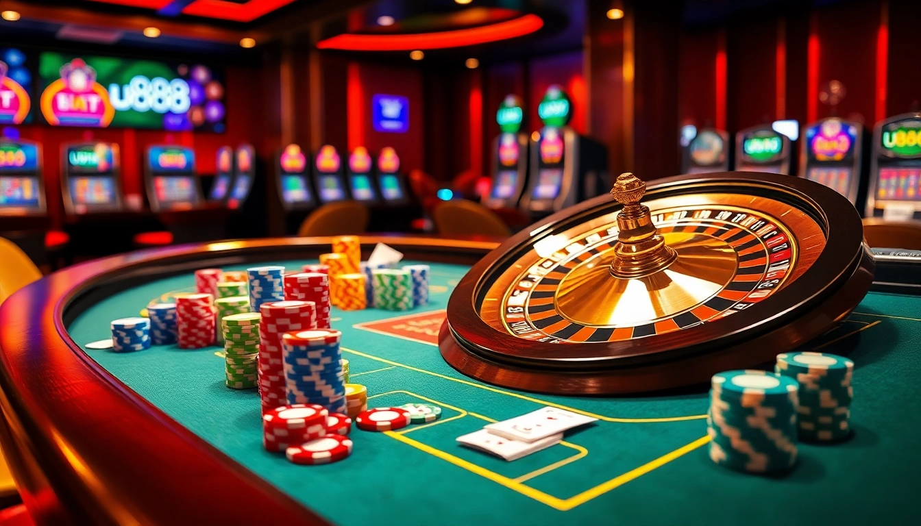 Play exciting casino games at u888, featuring a table with poker chips and a roulette wheel.