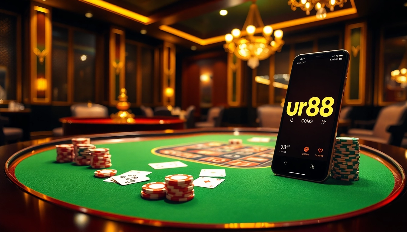 Casino gambling excitement at urr88.com with poker chips and cards on a luxurious table.
