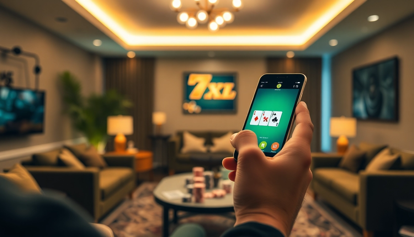 7xl להורדה: משתמש נהנה מהאפליקציית פוקר 7XL בסלון נעים, המדגיש התלהבות ומעורבות.