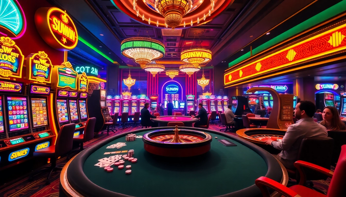 Engaging players experiencing the excitement of sunwin casino games at vibrant tables and slot machines.