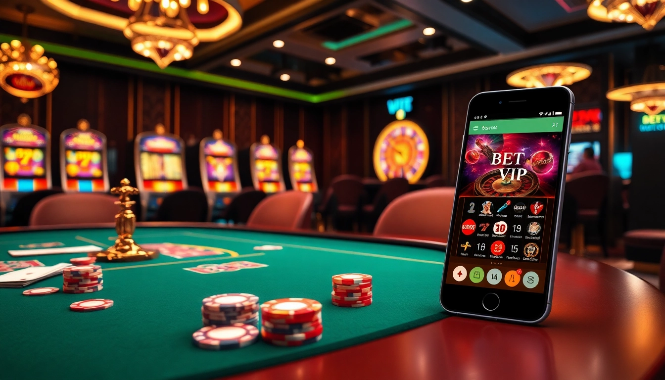 Cảnh trò chơi đầy phấn khích giới thiệu ứng dụng Bet VIP trong bầu không khí casino sang trọng.