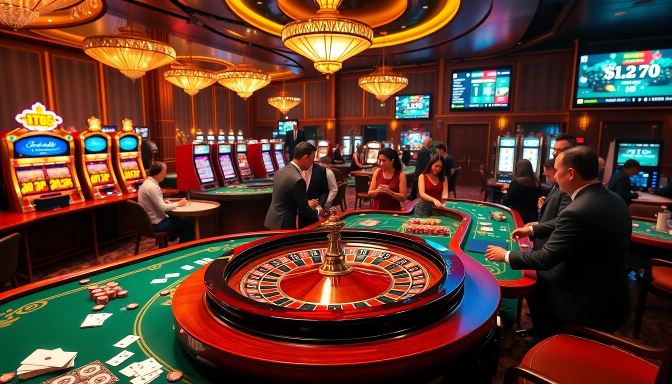 Experience the excitement of VT88 nhà cái with a vibrant casino scene featuring roulette and poker games.