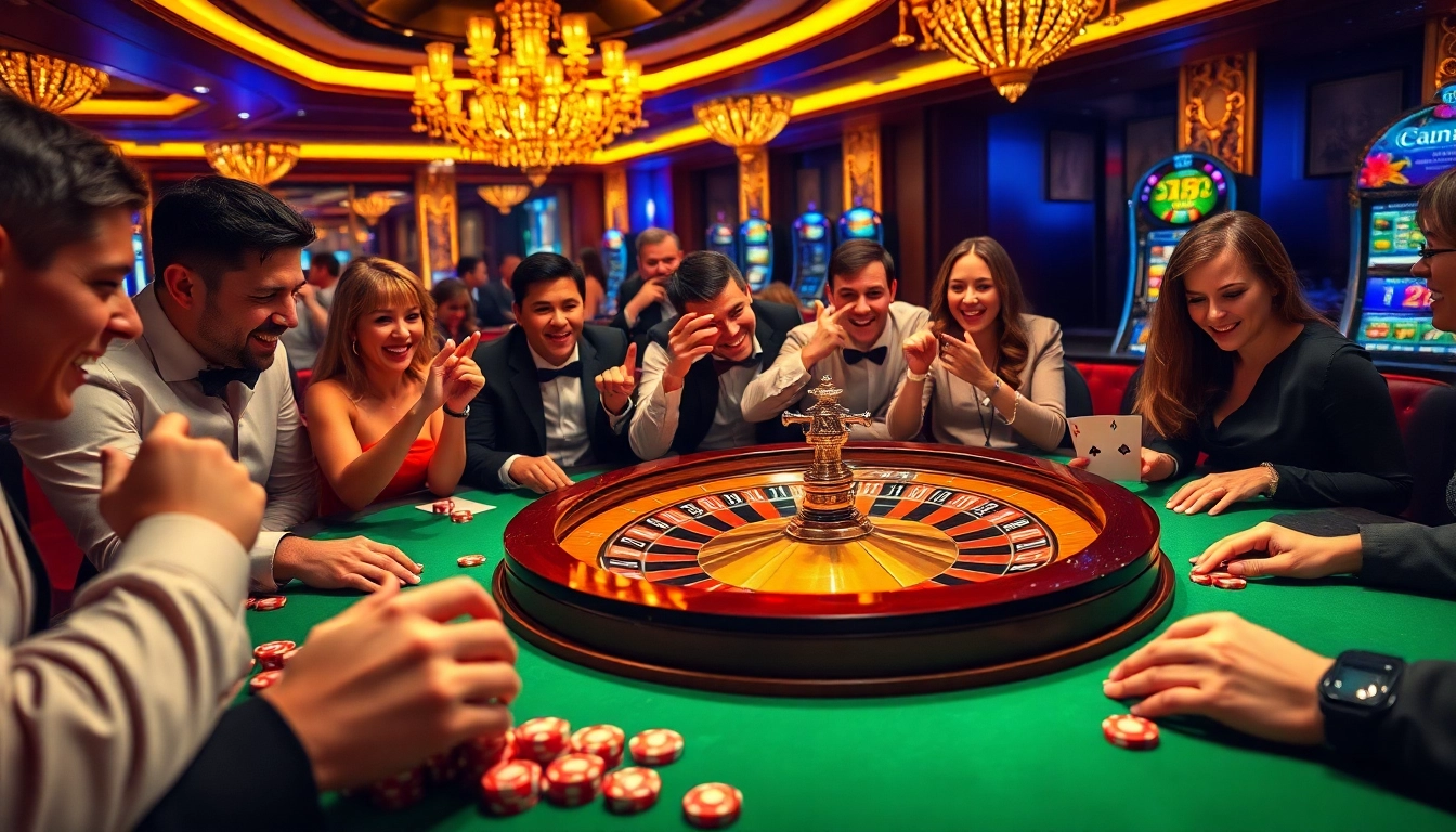 Players celebrating a big win at the 555 win casino table filled with chips and excitement.