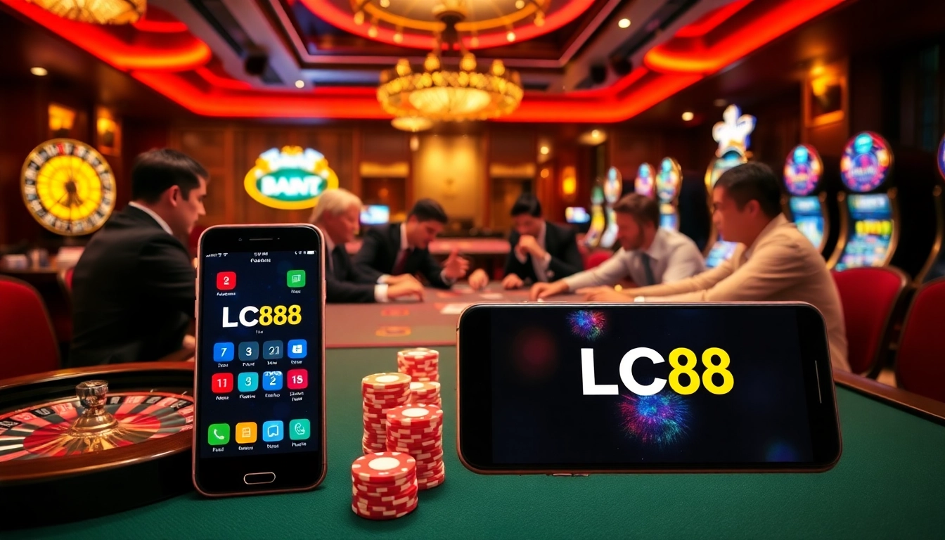 Engaging poker game with app lc88 displayed, highlighting online gambling excitement.