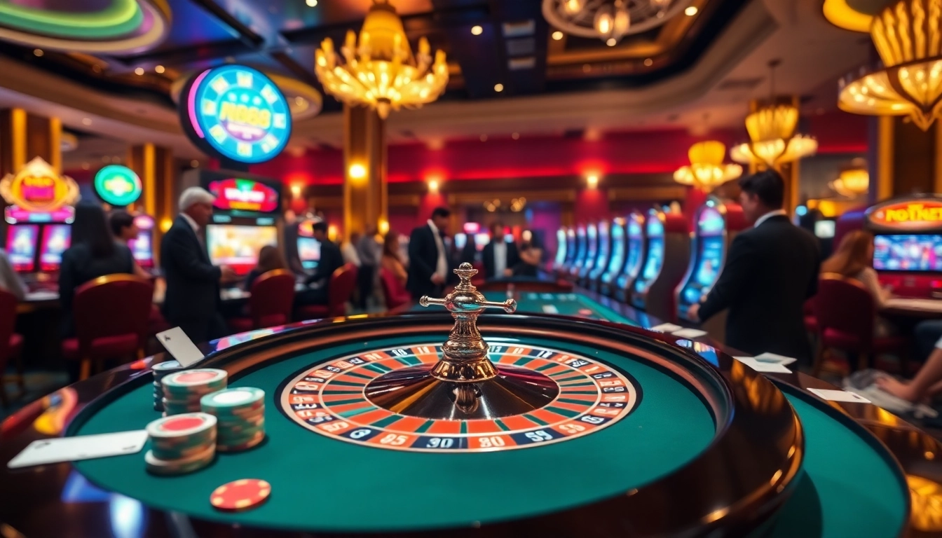 Experience the excitement of gambling at https://nh88.net/ with vibrant casino visuals featuring roulette tables and poker chips.