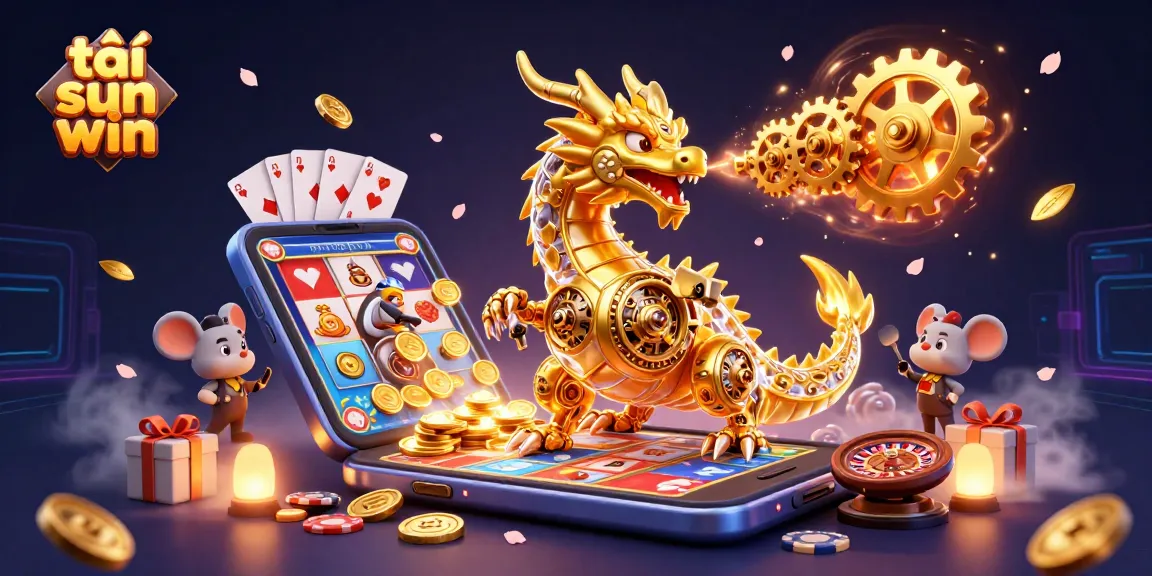 Experience the thrill of tải sun win with a vibrant casino atmosphere featuring a golden dragon and gaming elements.